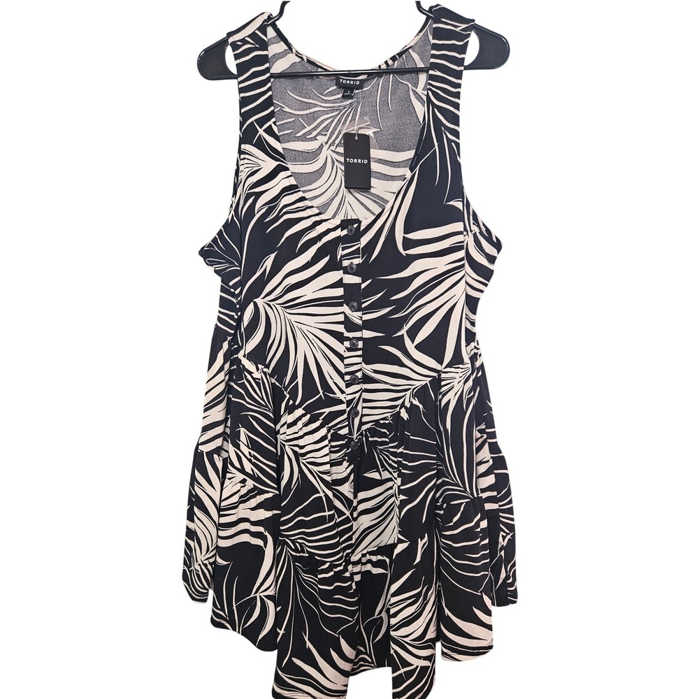 Torrid Tropical Palm Print Scoop Neck Flirty Romper Black Cream Size 1 14-16 1X